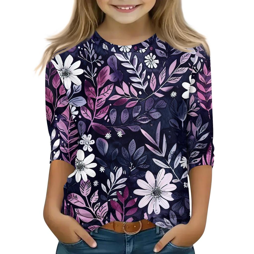 Детская футболка с рукавом 3/4, повседневная футболка с принтом, круглый вырез, блузка-пуловер