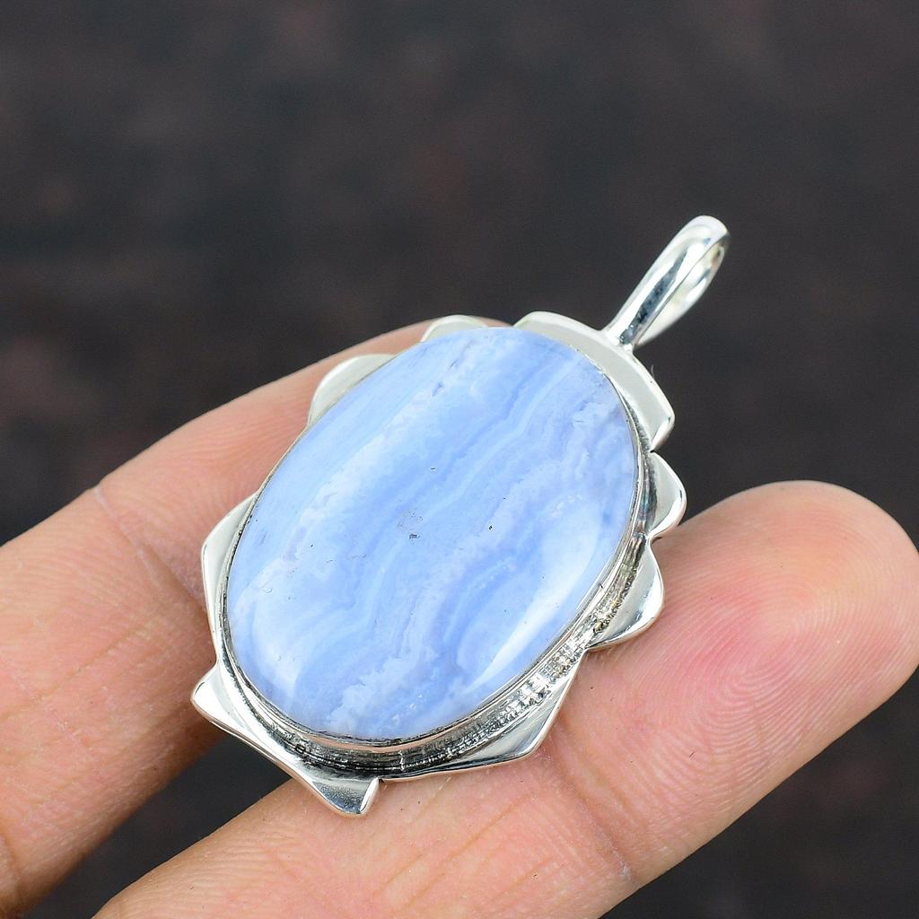 Blue Lace Agate Pendant Genuine Gemstone Pendant Antique Jewelry 925 Sterling Silver Pendant Handmade Pendant Gift For Her Brand New Jewelry