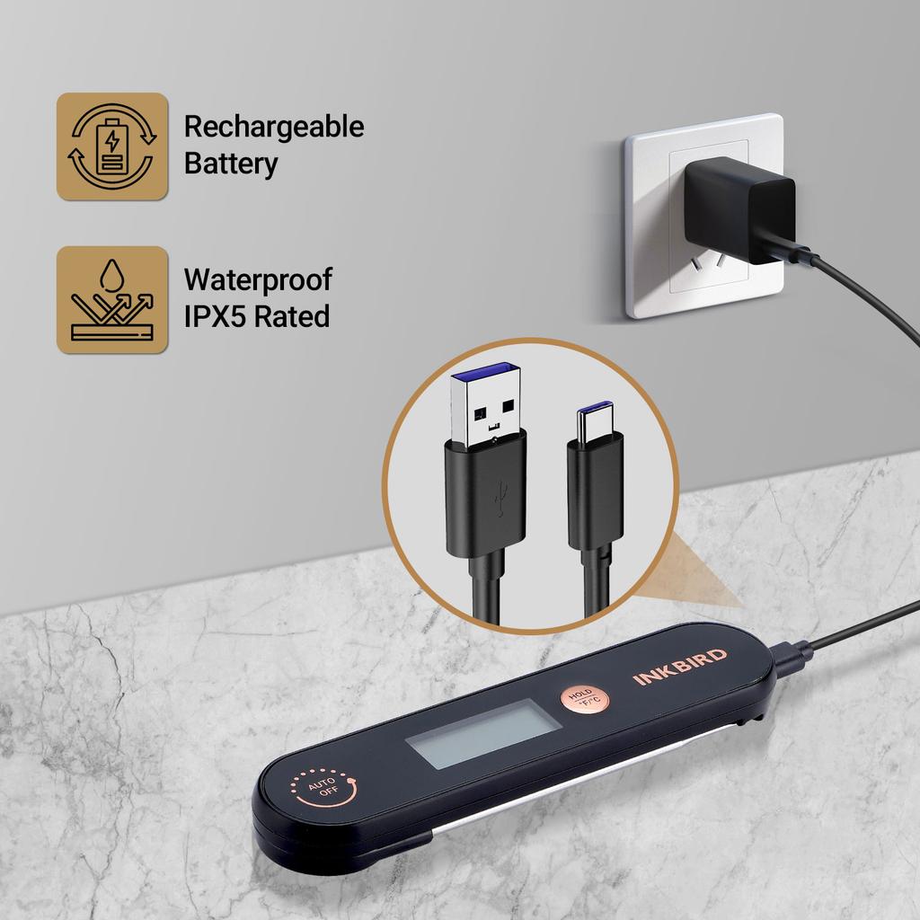 Мясной термометр со складными щупами IPX5 Водонепроницаемый Перезаряжаемый Цифровой термометр для продуктов для барбекю, фритюра