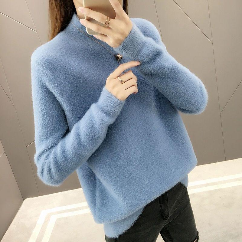 Half Turtleneck Solid Color Long Sleeve Pullover Sweater Mink Cashmere Sweater Thicken