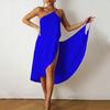 Women Beach Dress Sleeveless Solid Color Off Shoulder Backless Loose Breathable One Piece Bikini Cover Up Vacation Slip Cross Wrapped Midi Dress