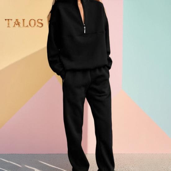 2 Pcs/Set Women Top Pants Set Half Zipper High Collar Long Sleeve Thickened Sweatshirt Stretchy Waist Ankle-banded Trousers Sport Fitness Tracksuit