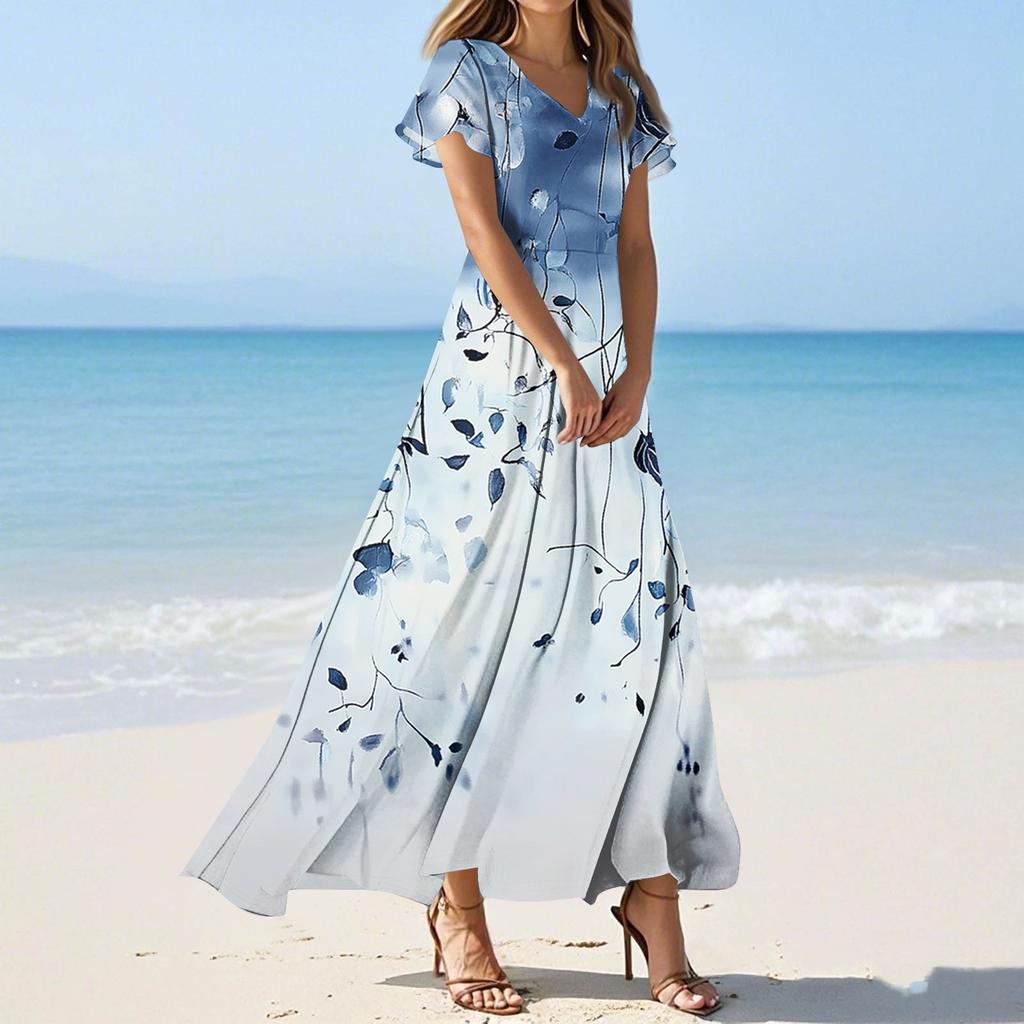 Женские повседневные модные длинные платья с принтом, платья с V-образным вырезом и коротким рукавом