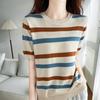 Pure Cotton Knitted Striped Short-sleeved T-shirt for Women In Summer New Contrasting Colors Fashionable Niche Design Sense Base T-shirt