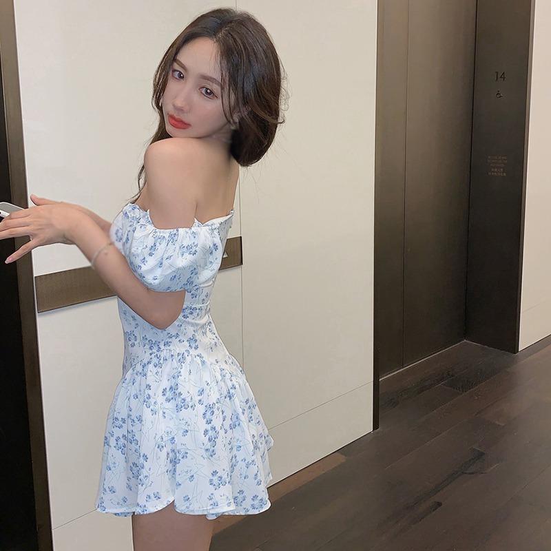 Летнее платье с цветочным принтом для женщин, мини-платье с квадратным вырезом и высокой талией для девочек