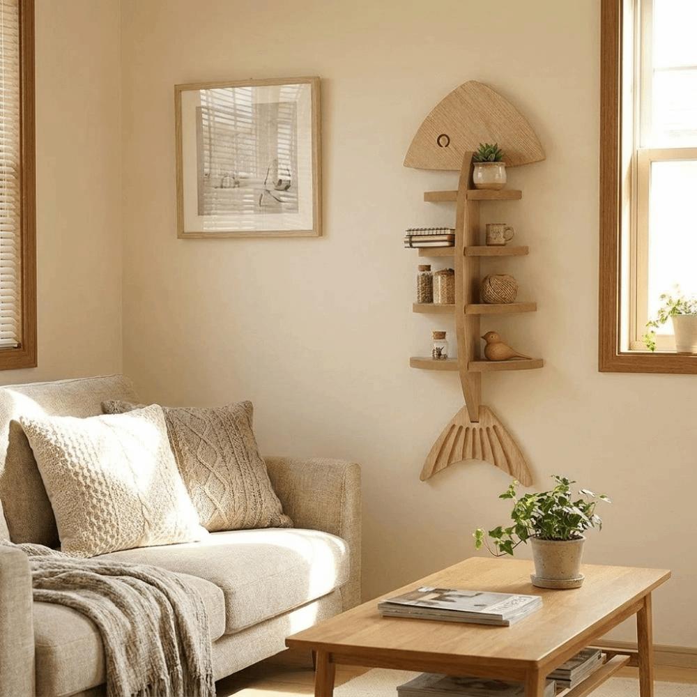 Fish Shaped Fish Bone Shelf Multi-layer Floating Shelf Wooden Wall Mounted Shelf Indoor Organizer