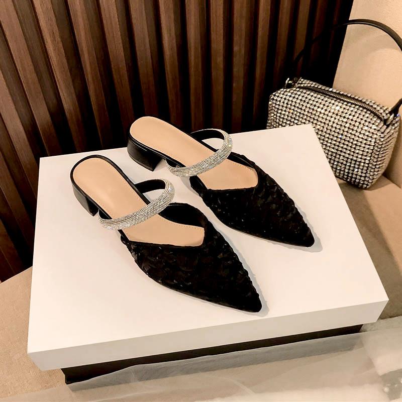 Тапочки Baotou, женская летняя одежда 2024 года, новые модные тапочки с острым носком на толстом каблуке, женственные женские туфли