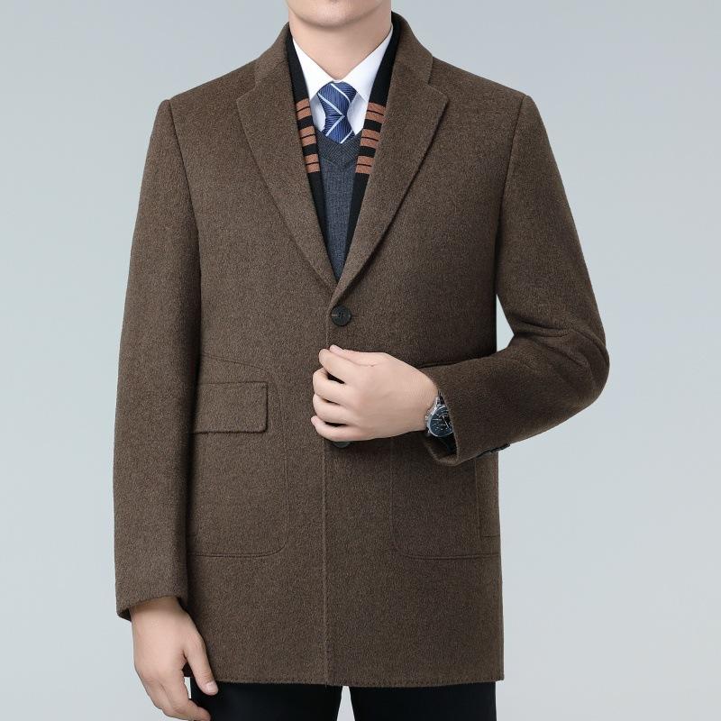 Двустороннее кашемировое пальто для мужчин, шерстяная ветровка средней длины из двух частей, утепленное пальто на пуху для папы среднего возраста