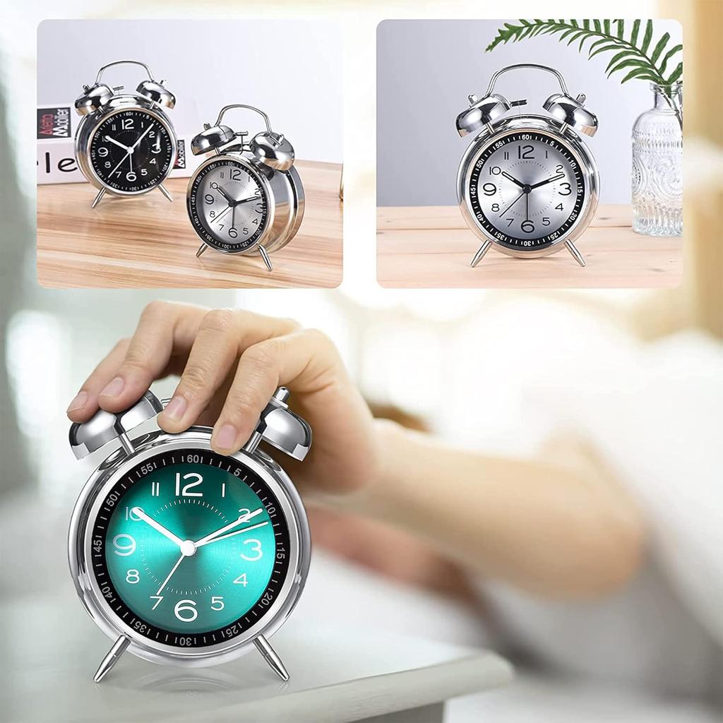 4-дюймовый металлический бесшумный нетикающий прикроватный будильник с двумя колокольчиками, винтажные настольные часы для крепко спящих людей и детей