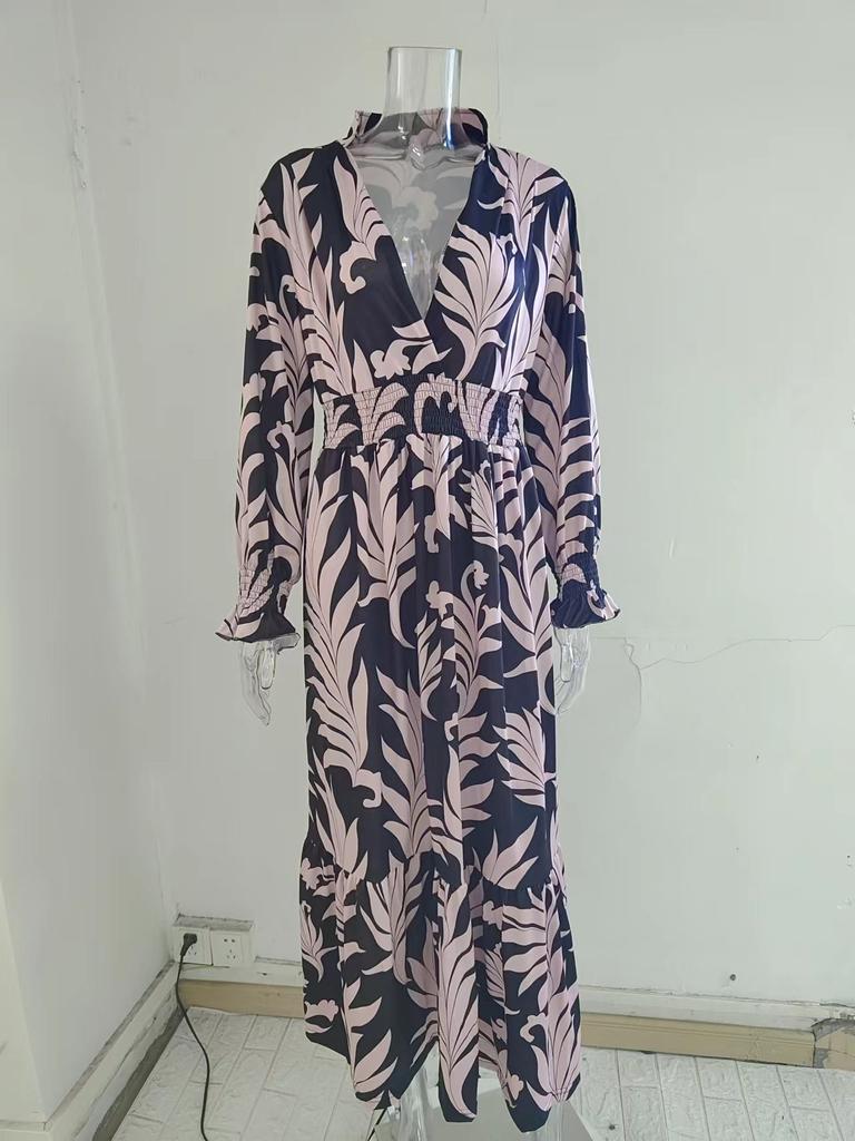 Женское длинное платье с V-образным вырезом и длинным рукавом в стиле бохо с принтом больших размеров