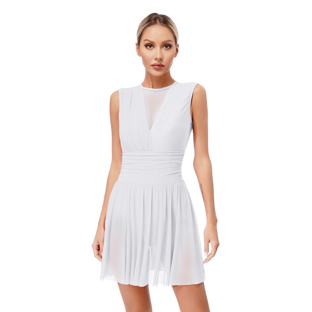 Womens Figure Skating Dress Modern Lyrical Ballet Dance Leotard Tutu Sleeveless Shiny Rhinestone Gymnastic Performance Dancewear