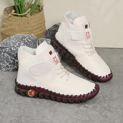 Зимние женские кожаные высокие хлопковые туфли на плоской подошве для женщин, теплые хлопковые туфли, мягкая подошва, нескользящие ботинки