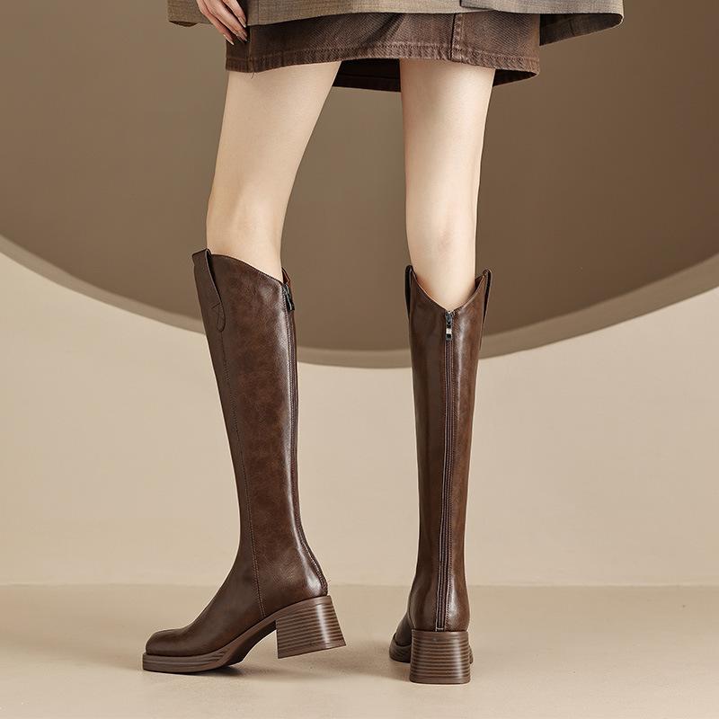 Women's Vintage Brown Knee-high Boots Female Fashion Round Toe High Heel Knight Boots Autumn Winter Women Long Boots Botas Mujer