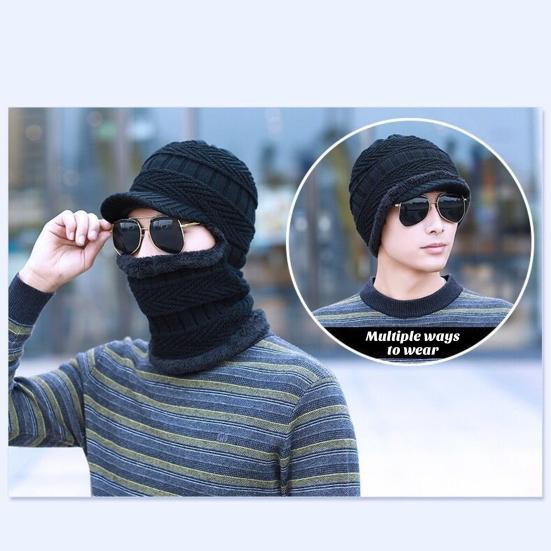 Men Winter Hat Sunshade Thermal Knitted Elastic Short Brim Full Protection Anti-slip Unisex Outdoor Camping Skiing Balaclava Cap Hat Scarf Integrated