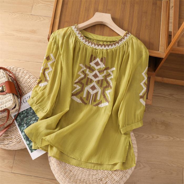 Рубашка из хлопка и льна с вышивкой Heavy Industry, рукава пять точек, для женщин, новый летний свободный тонкий свитер с круглым вырезом, топ из хлопка и льна