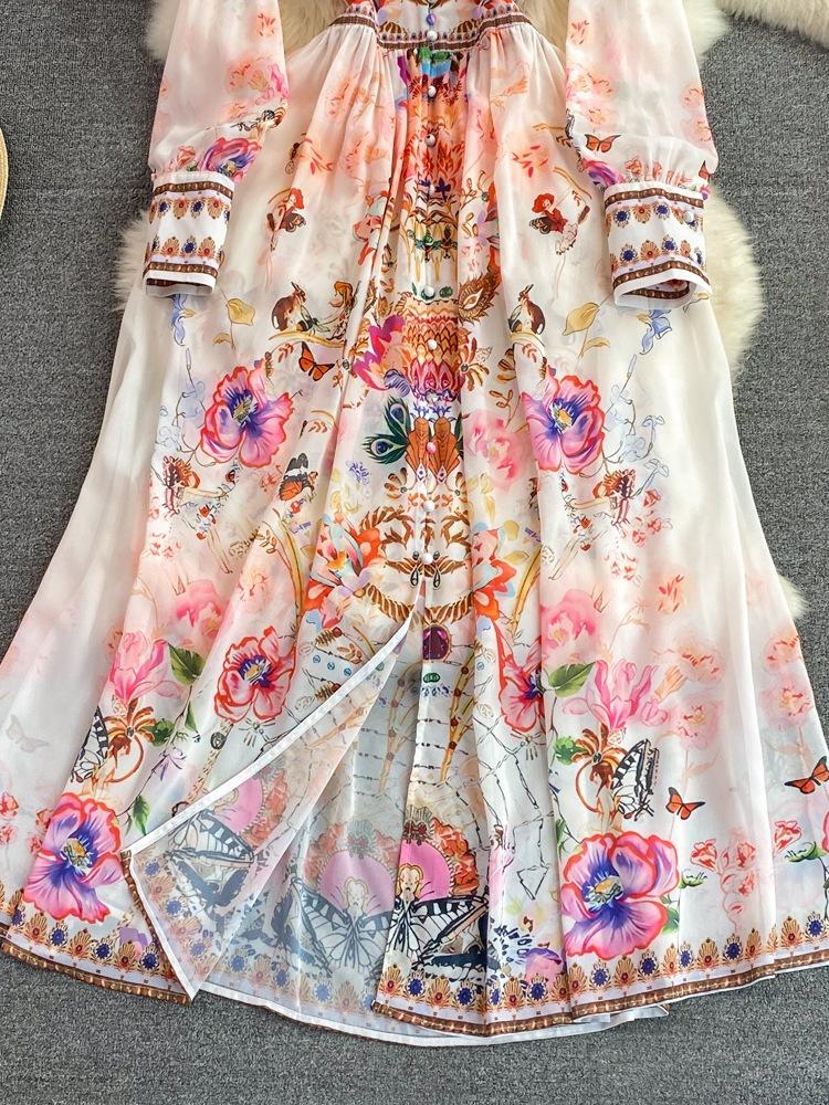 Однобортное свободное платье трапециевидной формы с длинными рукавами и V-образным вырезом на талии и принтом Temperament