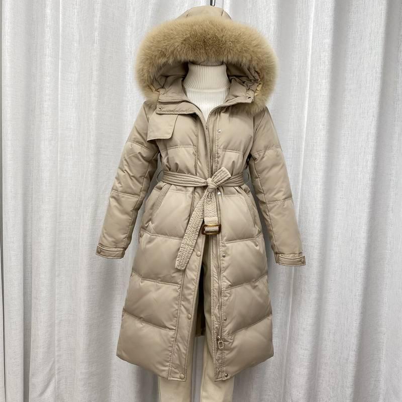 Women's 2024 Trendy Lightweight Over-Knee Down Jacket with Waist Tie - White Duck Down Winter Coat