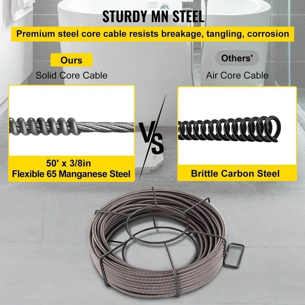 Drain Cleaning Cable 50 Feet x 3/8 Inch Solid Core Cable Sewer Cable Drain Auger Cable Cleaner Snake Clog Pipe Drain Cleaning Cable Sewer Drain Auger