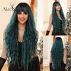 Super Long Ombre Green Wigs Wavy Curly Synthetic Wig with Bangs for Women Cosplay Party Daily Heat Resistant Fiber Wigs