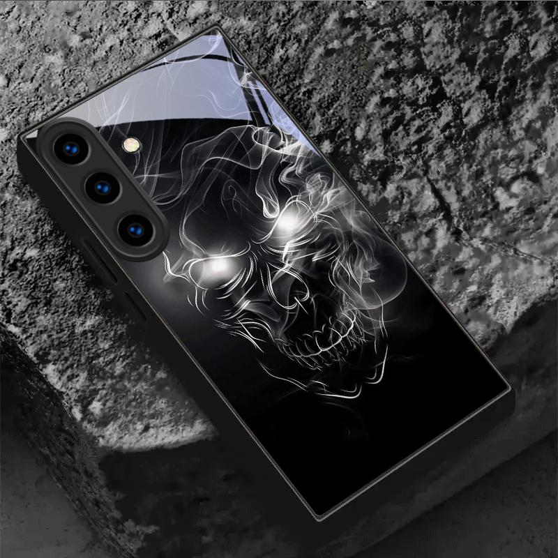 Neon Smoke Skull Art Black Glass Phone Case For For Samsung Galaxy S26 S25 S26Ultra S25 Edge S24 FE S23 S22 S21 S20 Plus Cover