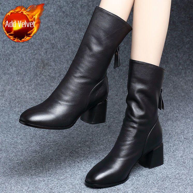 Fashion Leather Middle Heel Mid Calf Shoes Woman Winter 2025 Novelty Trend Demi-season Chic and Elegant Sale Half High Boots for Women