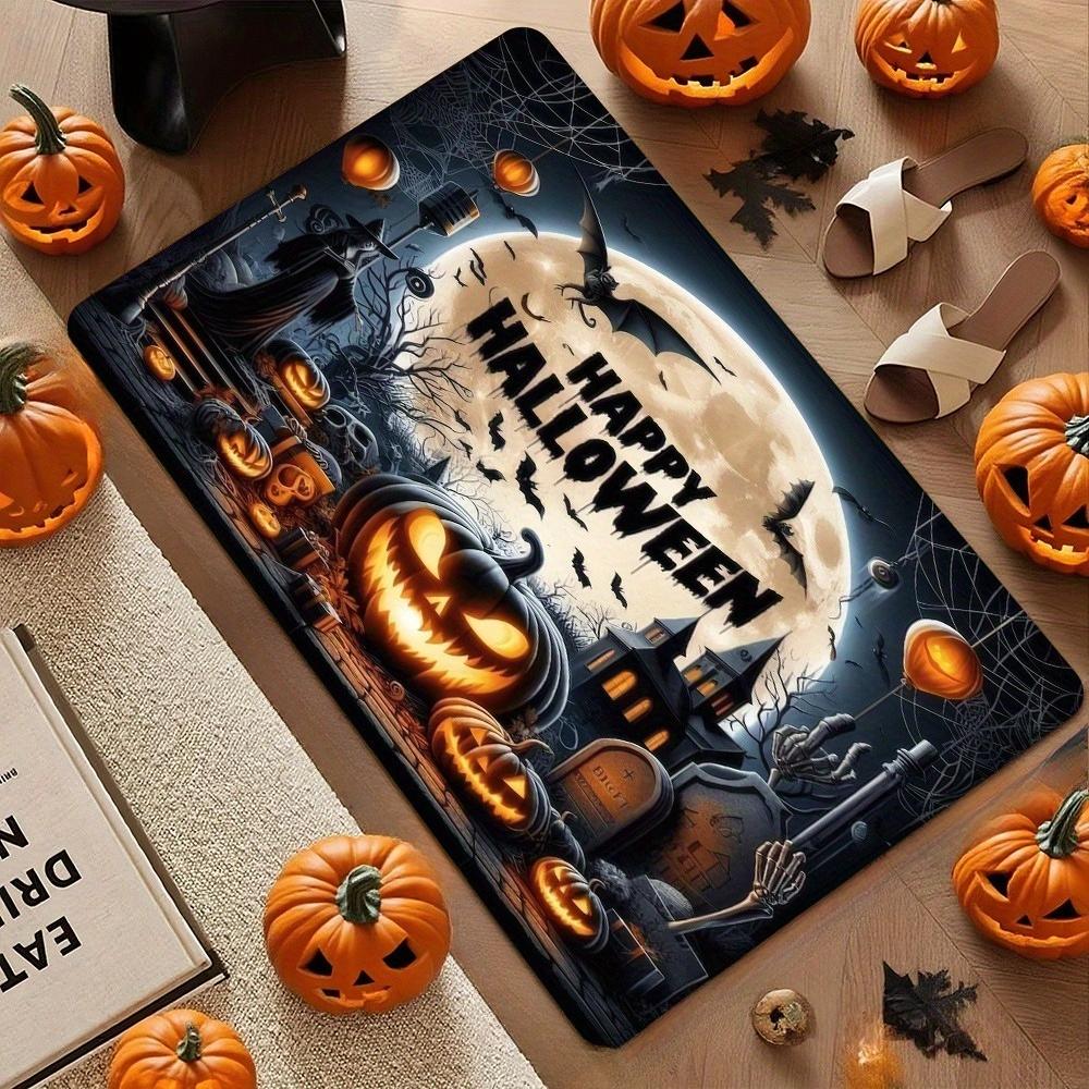 Spooky Holiday Floor Rug Skeleton Skull Pumpkin Moon Welcome Slogan Gothic Pattern Decor Area Rug for Indoor Porch Home Ornament