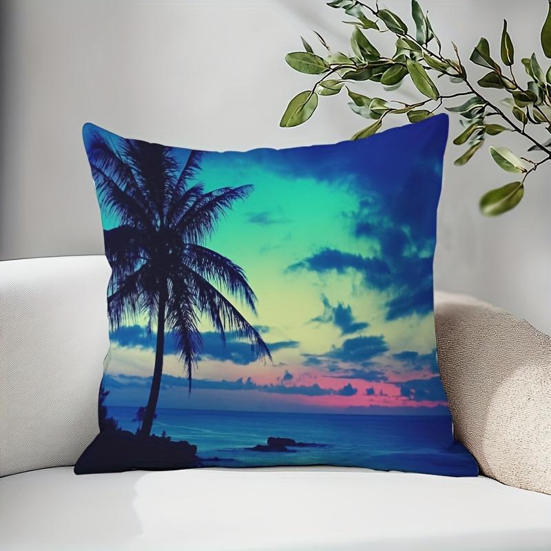 Подушка «Тропический закат с пальмой» - Идеально для домашнего декора, добавляет прибрежный шарм и яркие цвета в любую комнату