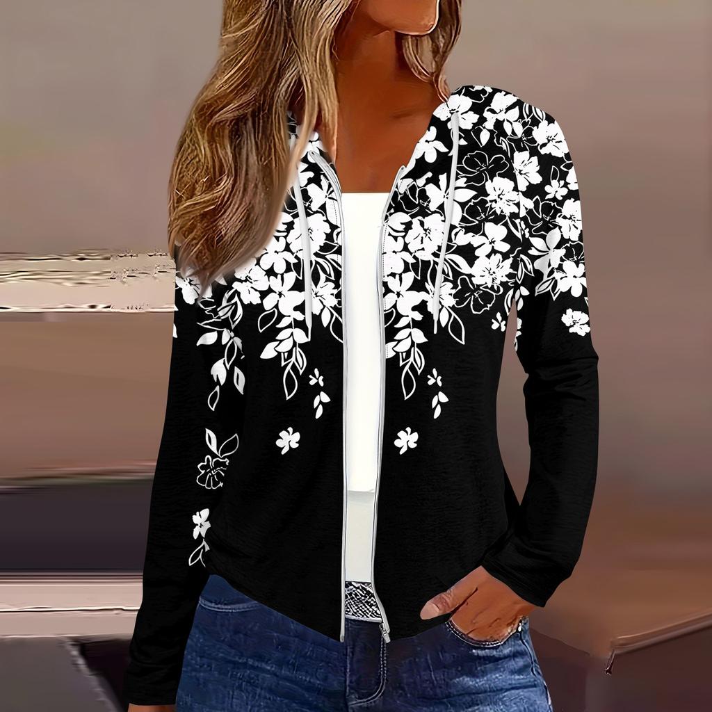 Women's Fashion Casual Zip Up Hooded Print Long Sleeve Sweatshirts Coat