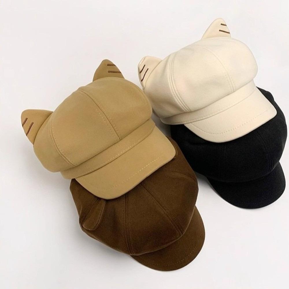 Y2K British Beret Hat Solid Color Octagonal Cap Versatile Cat Ear Hat  Autumn Winter