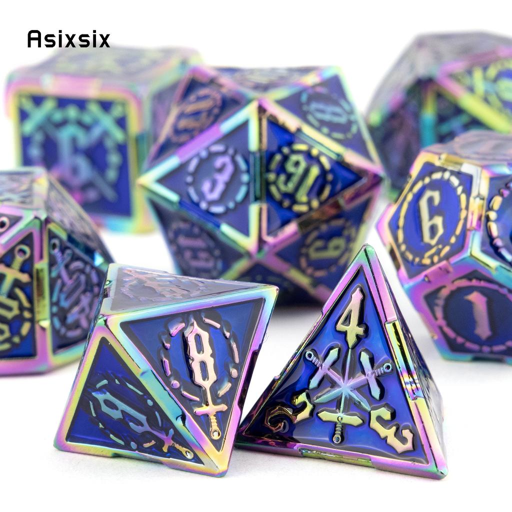 7 Pcs Blue Red Double Swords Metal Dice Solid Polyhedral Dice Set Suitable for Role-Playing RPG DND Pathfinder Board Game