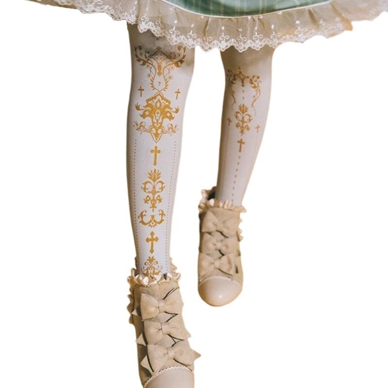 Women's Japanese Gothic Grunge Pantyhose Stockings Harajuku Aesthetic Crosses Print Opaque Tights Leggings Hosiery