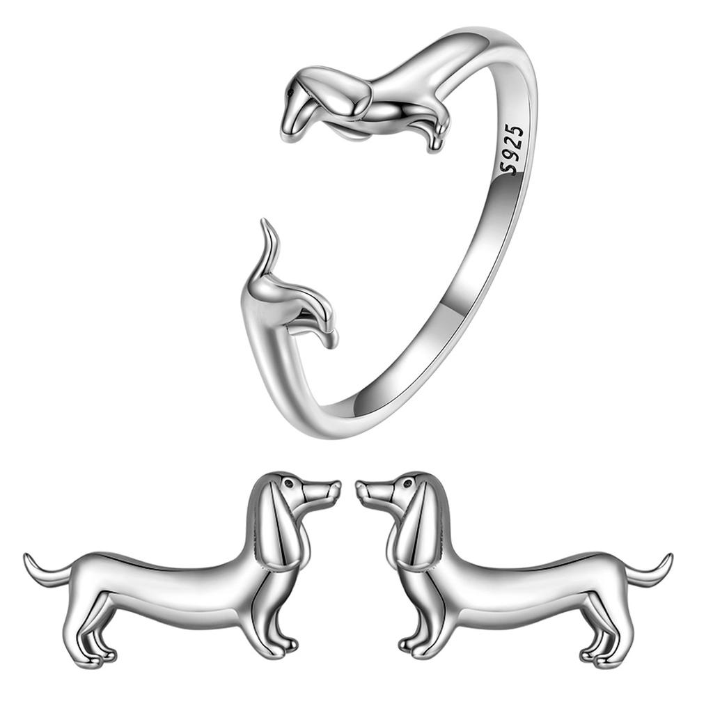 S925 Silver Dachshund Dog Stud Earrings Jewelry Set, Cute Animal Plain Silver Open Ring