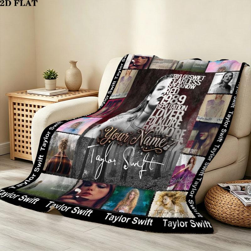 1PC Taylor Swift Album Collage Custom Name Patterned Flannel Blanket Suitable For All Seasons for Home Decor Warmth and Comfort Gifts Holiday Gift