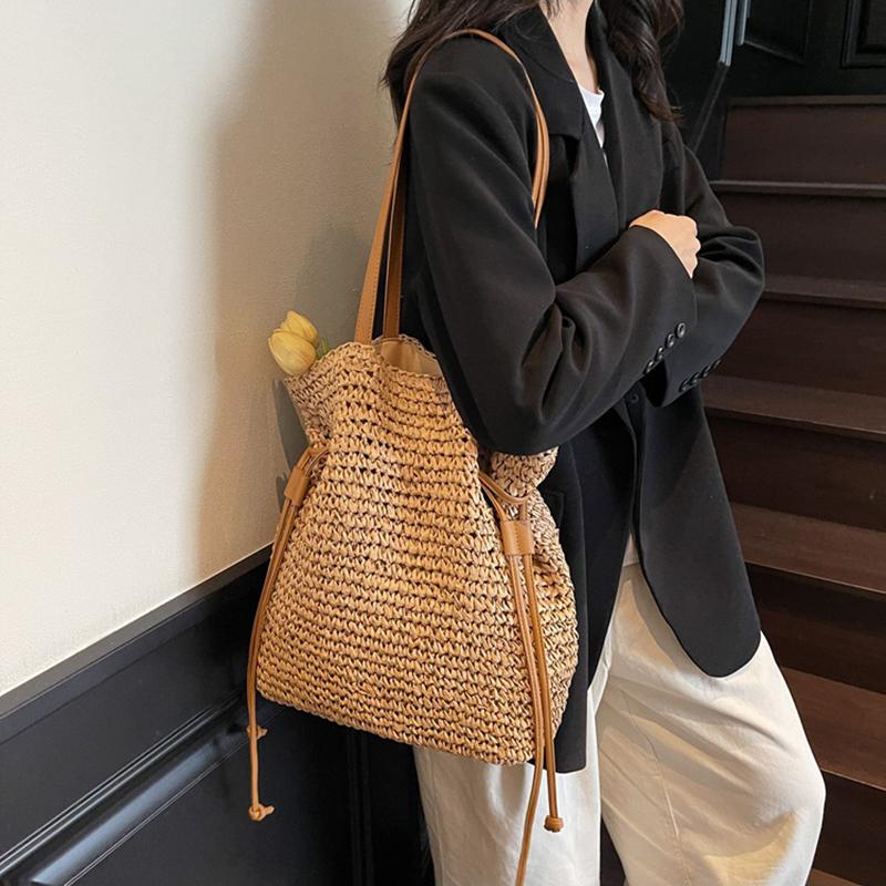 Yogodlns Женская соломенная сумка подмышкой, однотонная плиссированная сумка, большая вместимость, модная сумка на плечо, дорожная сумка для покупок, пляжная сумка