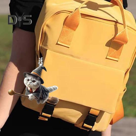 Halloween Wizard Cat Hanging Decoration Home Indoor Christmas Tree Car Rearview Mirror 2D Flat Acrylic Broom Kitten Hanging Ornament Animal Pendant