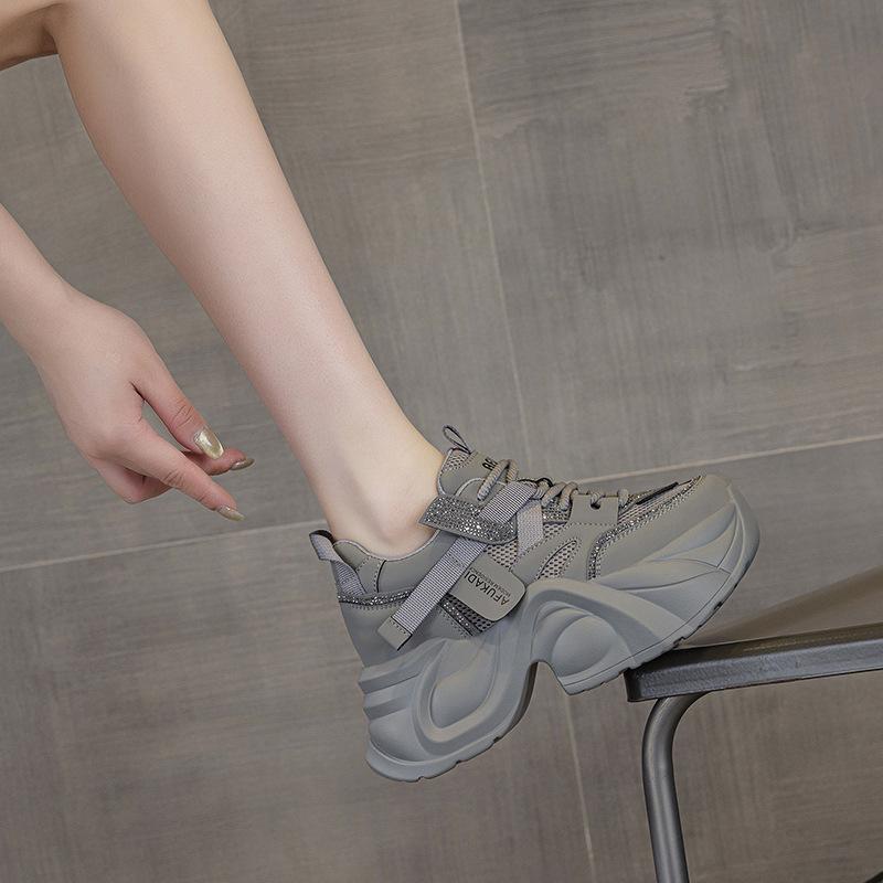 2025 Summer New Platform Dad Shoes Women's Rhinestone Lace-up Mesh Shoes Versatile Heel High Casual Height Increase and Thin Women's Shoes