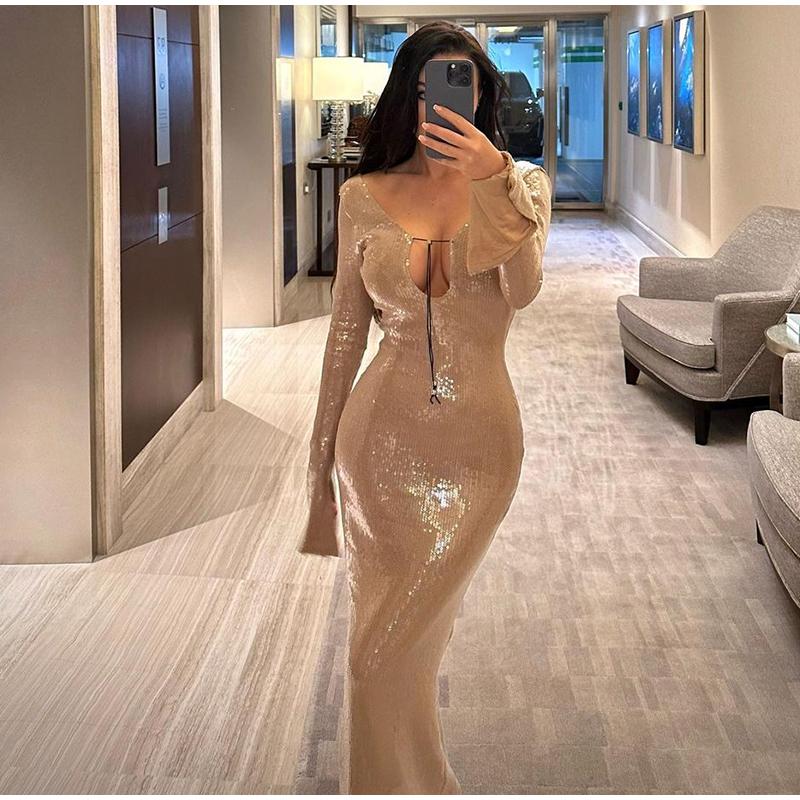 Ladies Women Sexy Long Sleeve Mesh Sequins Midi Split Solid Dress Elegant Evening Club Party Dress