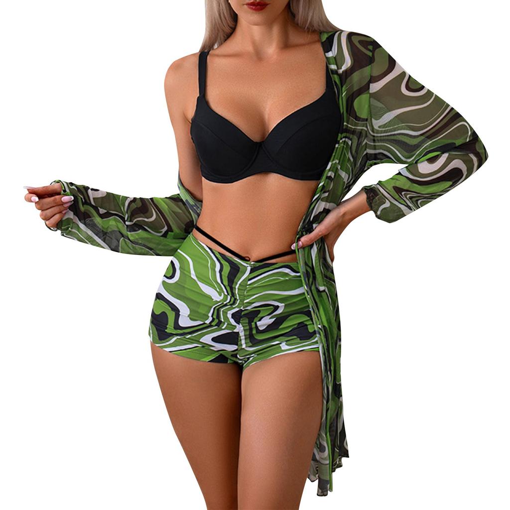 Женский сексуальный купальник из двух частей, однотонный купальник с высокой талией и принтом, комплект из трех частей