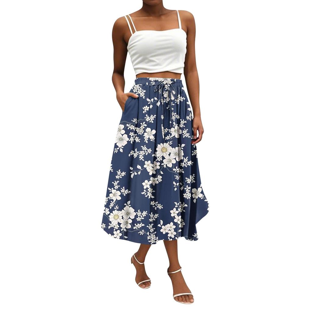 Женская юбка в стиле бохо с цветочным принтом, однотонная повседневная юбка с карманами