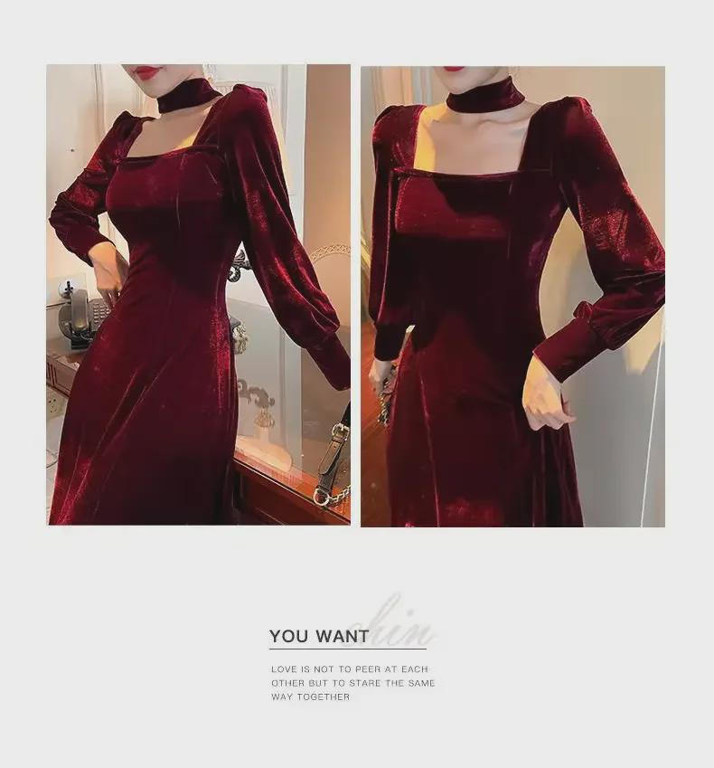 Elegant French Hepburn-Style Red Velvet Dress - Luxury, High-End Design