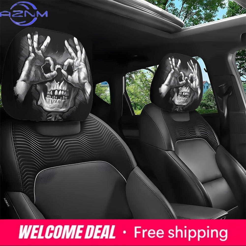 Skull Hand Gesture Print Headrest Covers Washable and Durable Seat Compatible with Easy Interior Style