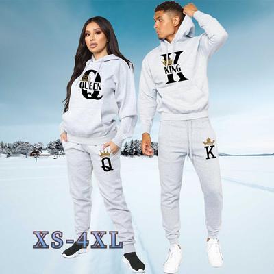 Модные спортивные костюмы для влюбленных пар, комплект спортивной одежды, толстовка с капюшоном и брюки с принтом King Queen, комплект из 2 предметов, спортивные костюмы больших размеров для мужчин и женщин