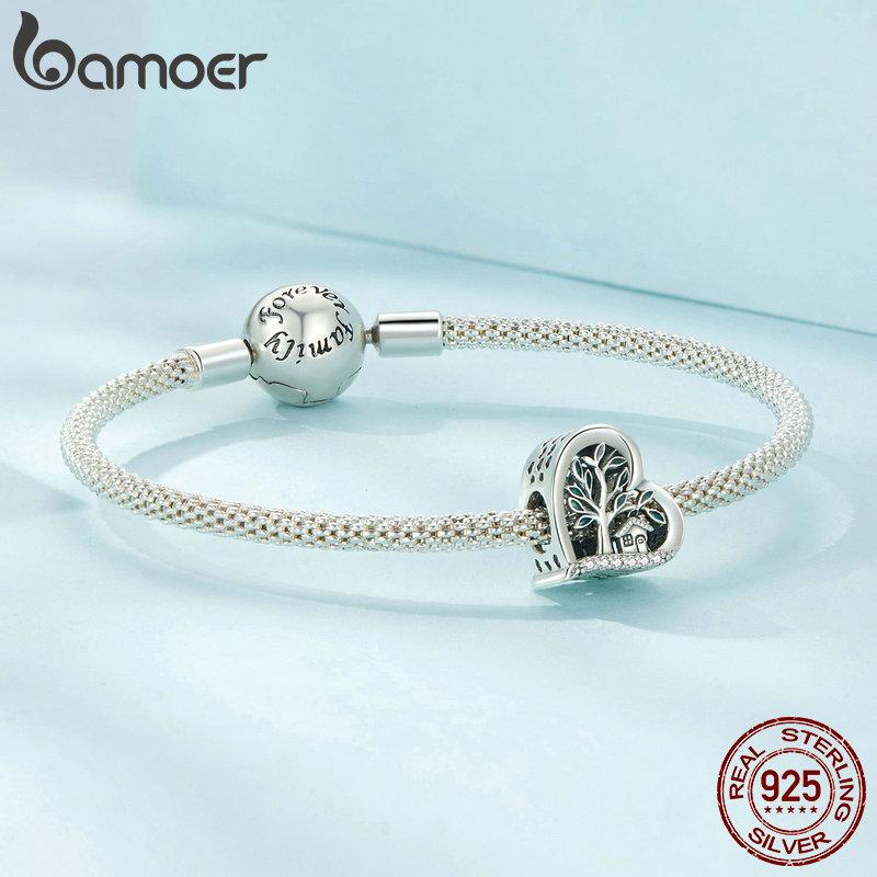 Bamoer Серебро 925 Зеленые Прозрачные Бусины-Клевер Кулон 'Древо Жизни' Семейный Растительные Шармы для Женского Ожерелья DIY