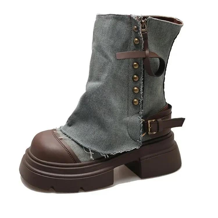 Дизайнерские женские ботильоны, короткие джинсовые ботинки в стиле вестерн, ботильоны с заклепками, модные туфли на толстой платформе 2052