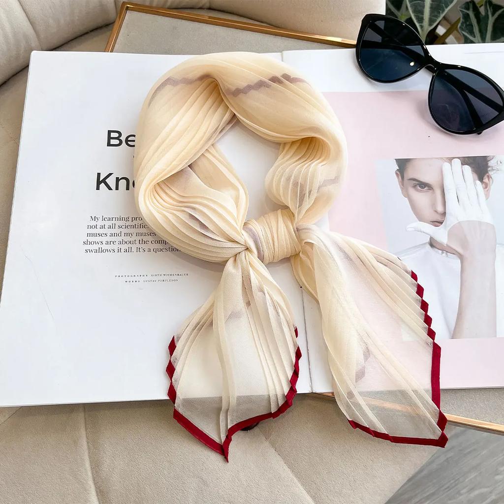 Women Pleated Satin Solid Scarf Headscarf Neckerchief Square Shawl Hair Tie Band HandKerchief Satin Foulard Scarves Decorative