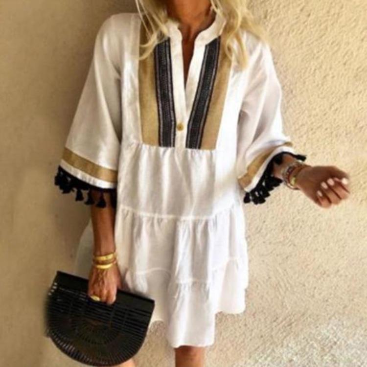 Vintage Print Party Dress Exquisite Pattern Womens Beach Clothing Polyester Dress Up Attractive