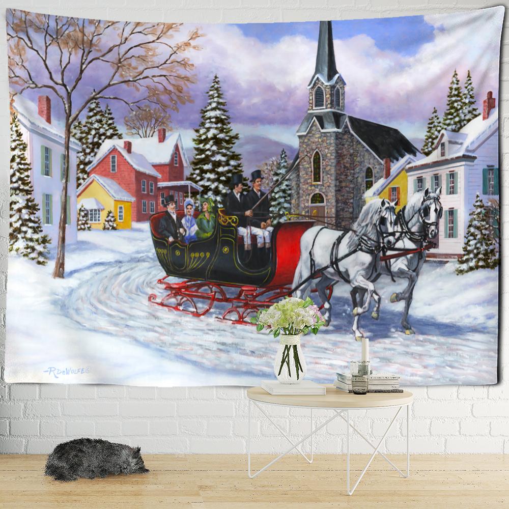 Рождественская снежная ночь, карта путешествий, гобелен, настенный психоделический лесной дом, иллюстрация, домашний декор для гостиной