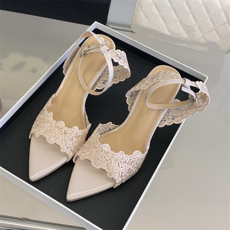 Summer Women's High Heels: Lace Pointed-toe High-heel Sandals Single-strap Open-toe Elegant Wedding Shoes