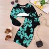 Girls Cartoon 2 Piece Outfits, Long Sleeve Crop Top + Spaghetti Strap Bodycon Dress, Fresh Green‑Tone Print Party Dress Set