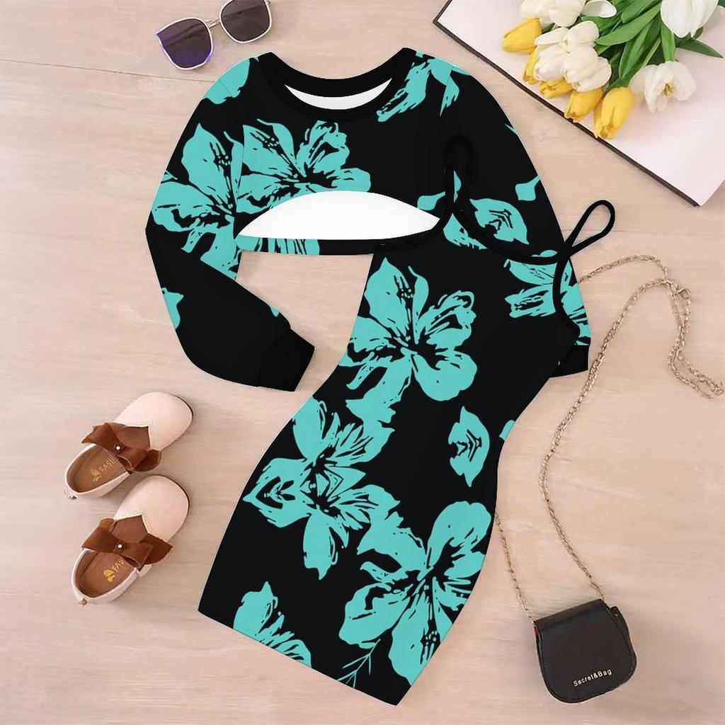 Girls Cartoon 2 Piece Outfits, Long Sleeve Crop Top + Spaghetti Strap Bodycon Dress, Fresh Green‑Tone Print Party Dress Set
